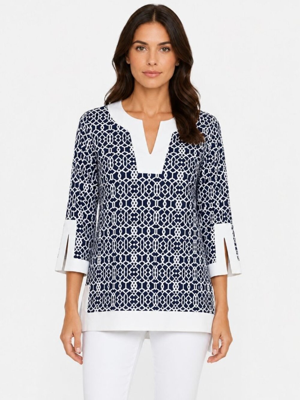 Jude Connally Megan Tunic Top Navy White Geo Print Medium